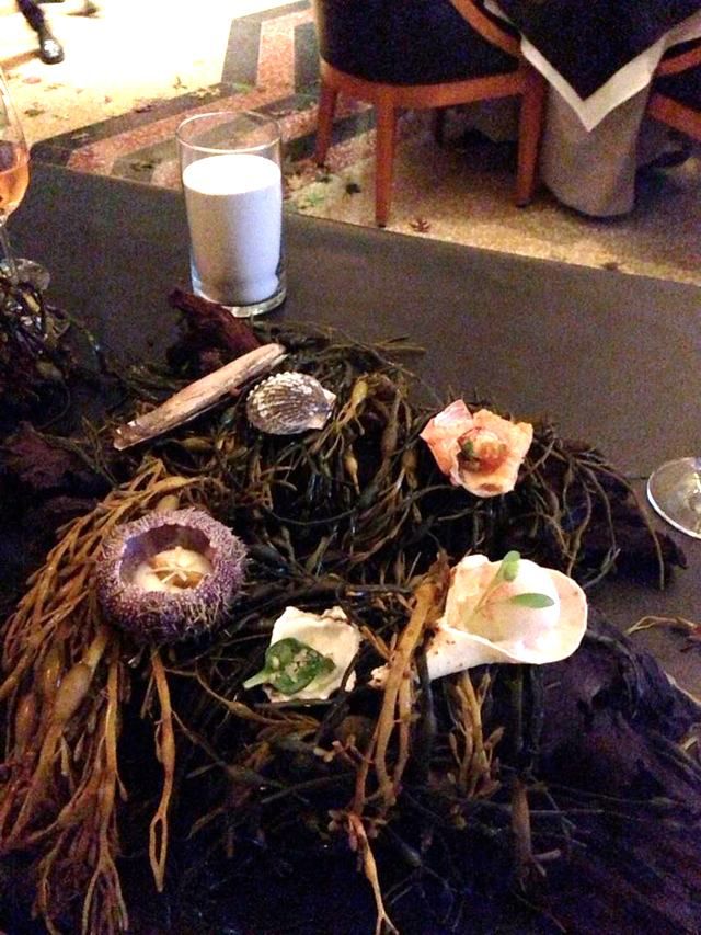 "A Taste of the Ocean to start," served on a bed of seaweed.